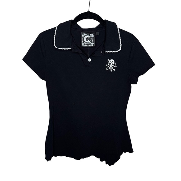 Killstar Tops - KILLSTAR / black skull crossbones DIY distressed short sleeve polo top / M